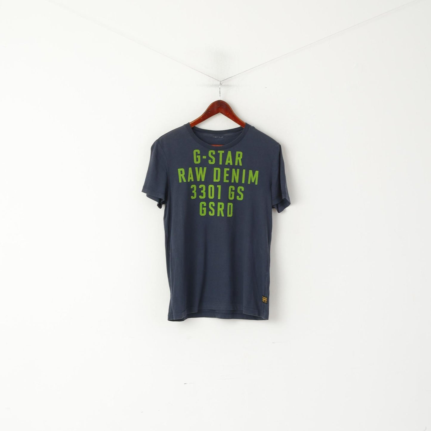 G-Star Raw Denim Men S Shirt Navy Cotton Green Logo Crew Neck Short Sleeve Top