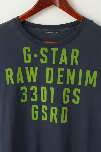 G-Star Raw Denim Men S Shirt Navy Cotton Green Logo Crew Neck Short Sleeve Top