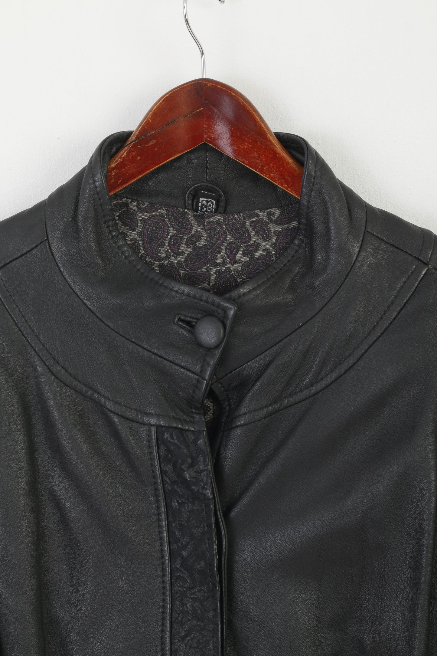 Vintage Women 38 M Jacket Black Leather Shoulder Pads Bat Retro Buttoned Top