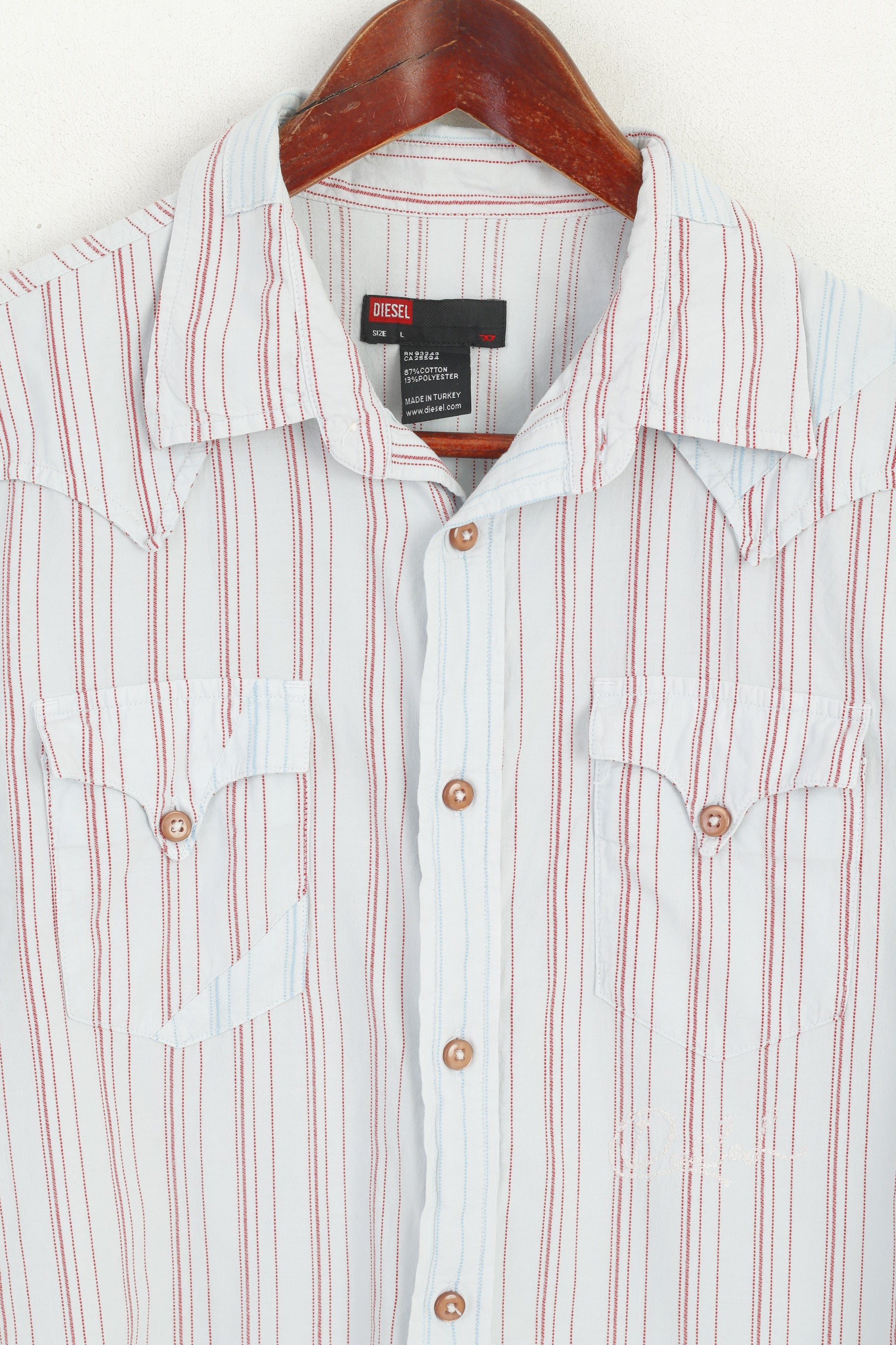 Diesel Men L (M) Casual Shirt Blue Striped Cotton Pockets Short Sleeve Retro Top