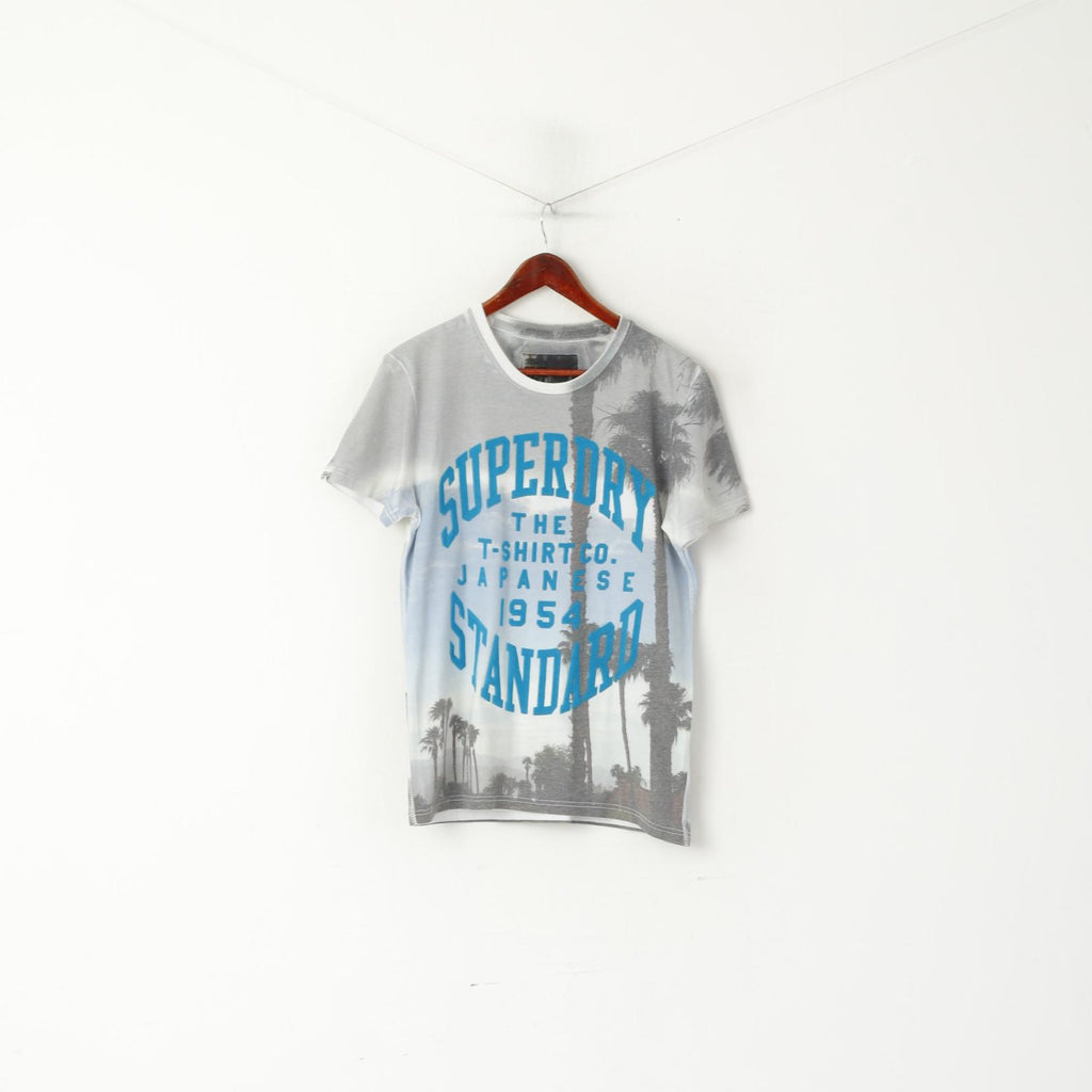 Camicia da uomo M Superdry Top a maniche corte con logo grafico in cotone grigio con palme