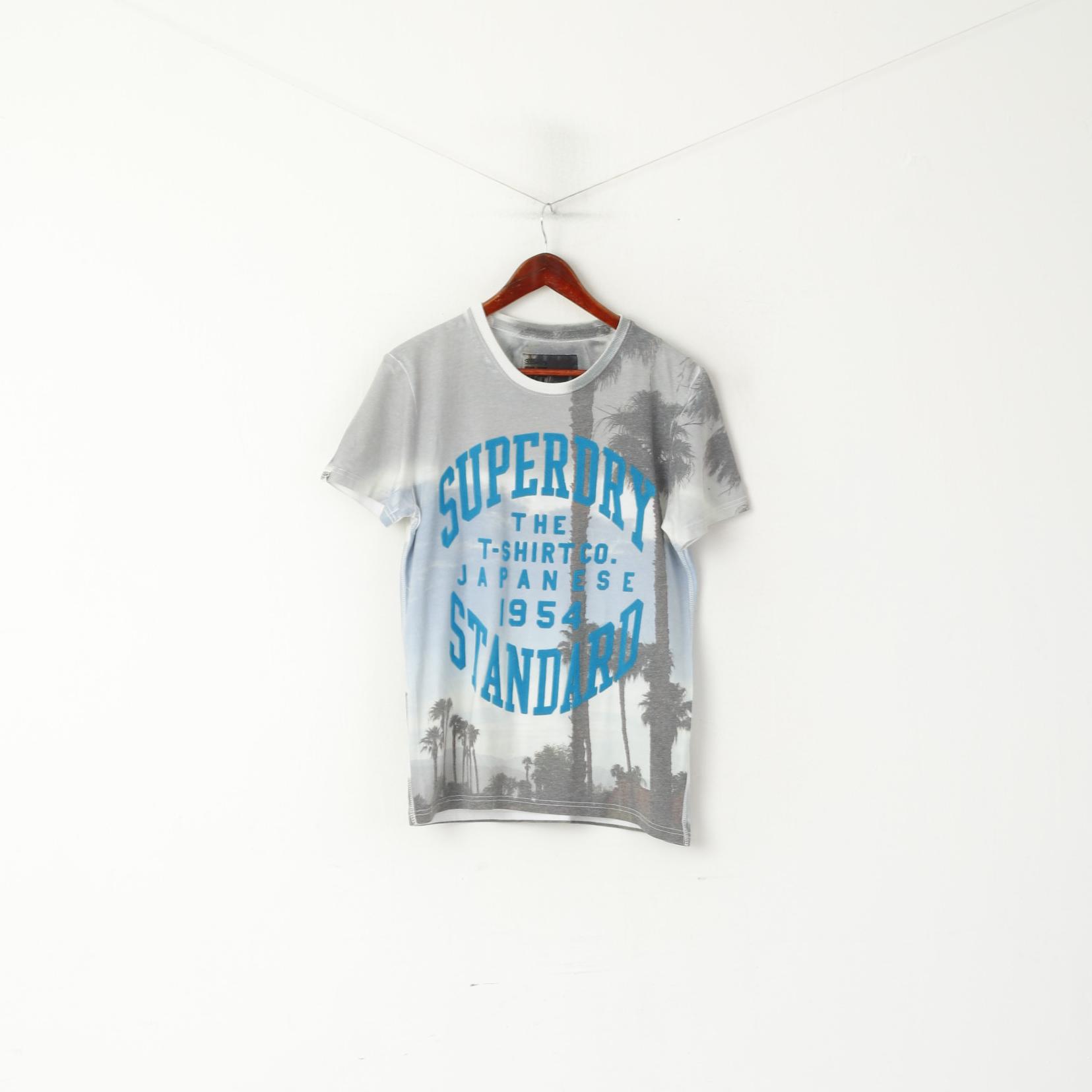 Camicia da uomo M Superdry Top a maniche corte con logo grafico in cotone grigio con palme