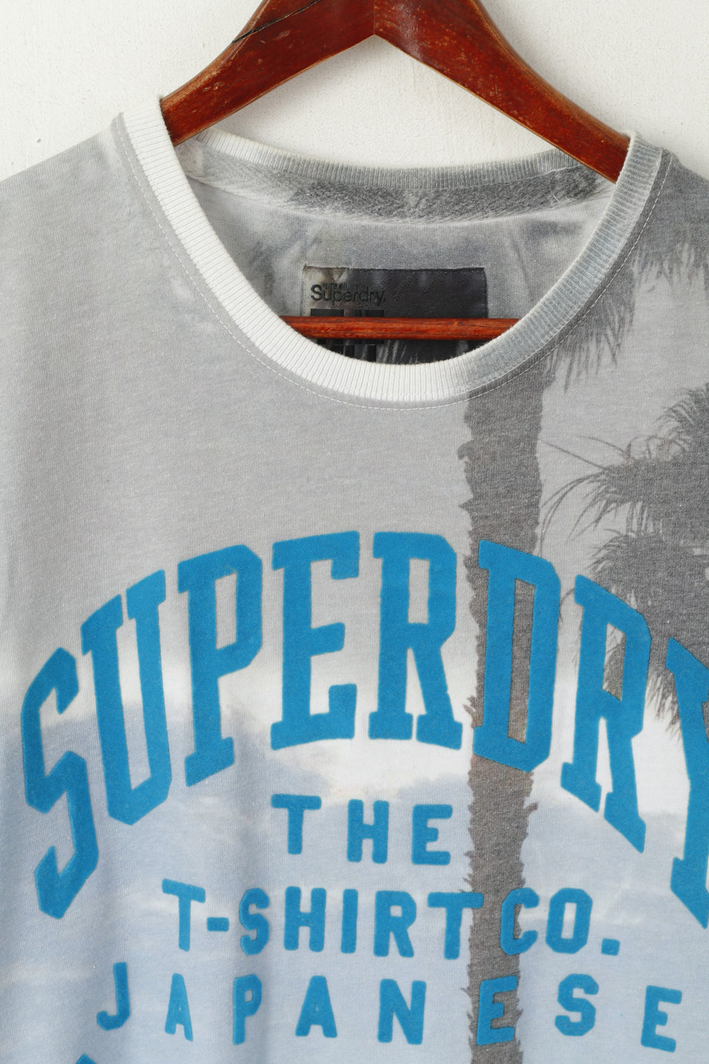 Camicia da uomo M Superdry Top a maniche corte con logo grafico in cotone grigio con palme