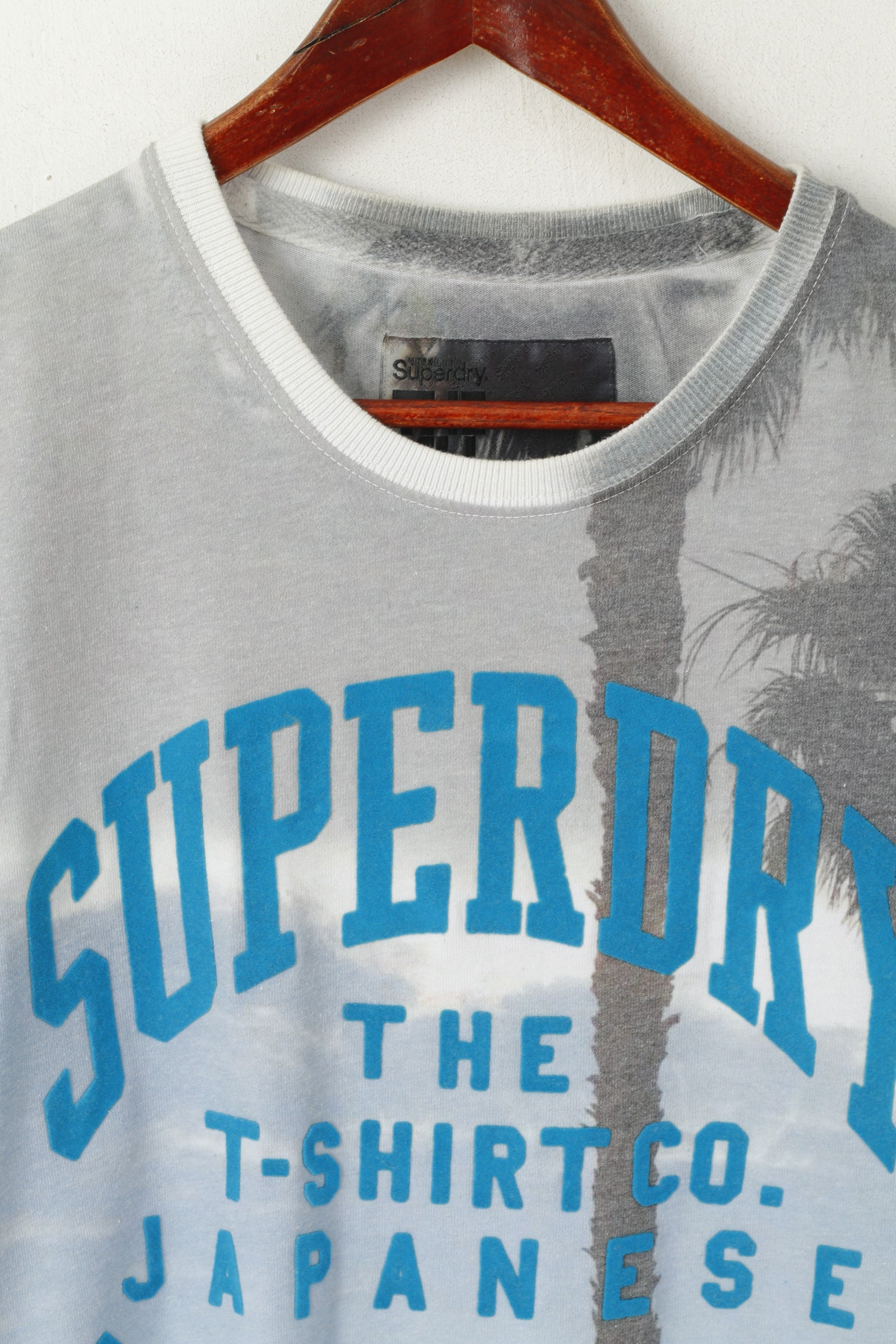Camicia da uomo M Superdry Top a maniche corte con logo grafico in cotone grigio con palme