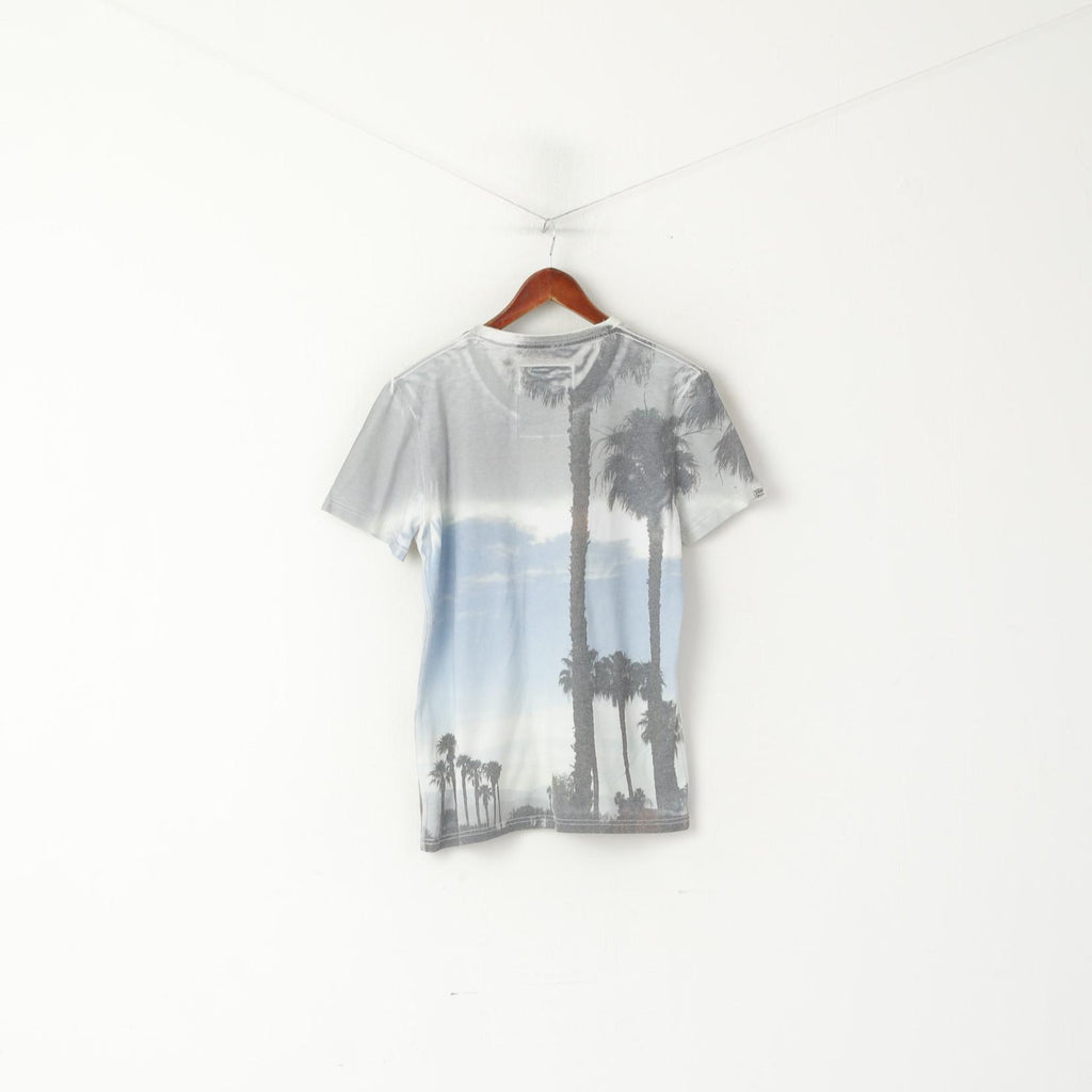 Camicia da uomo M Superdry Top a maniche corte con logo grafico in cotone grigio con palme