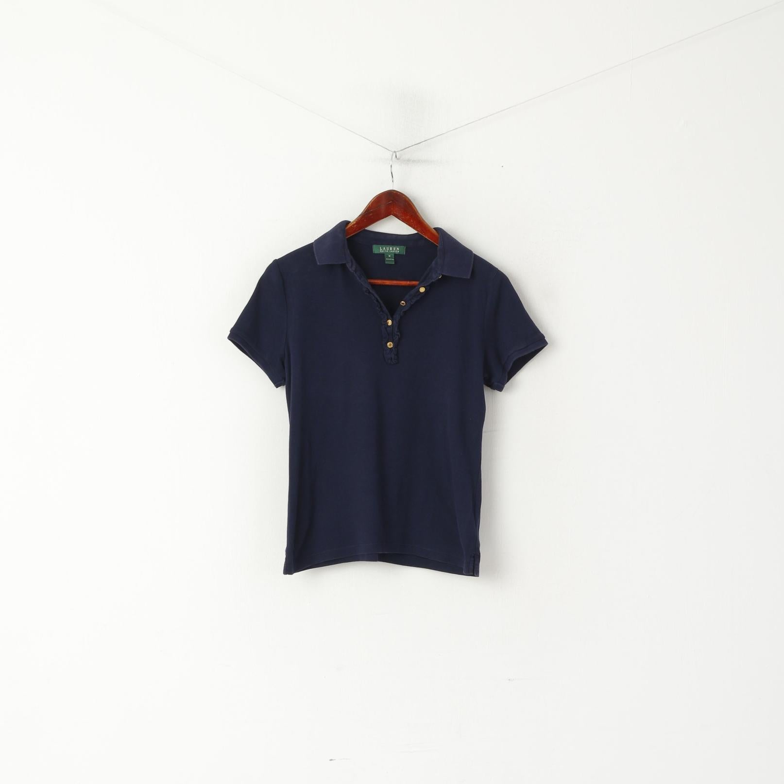 Lauren Ralph Lauren Women M Polo Shirt Navy Cotton Stretch Short Sleeve Plain Top