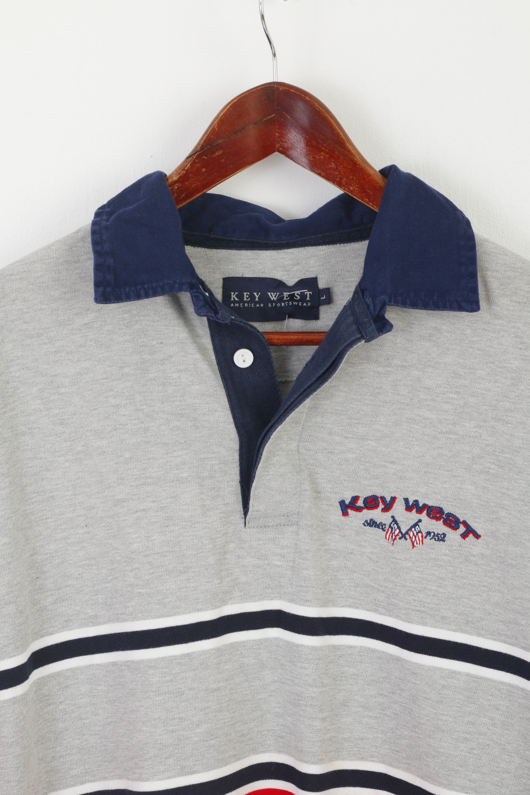 Key West American Sportswear Men L Polo Shirt Gray Striped Cotton Classic Long Sleeve Top