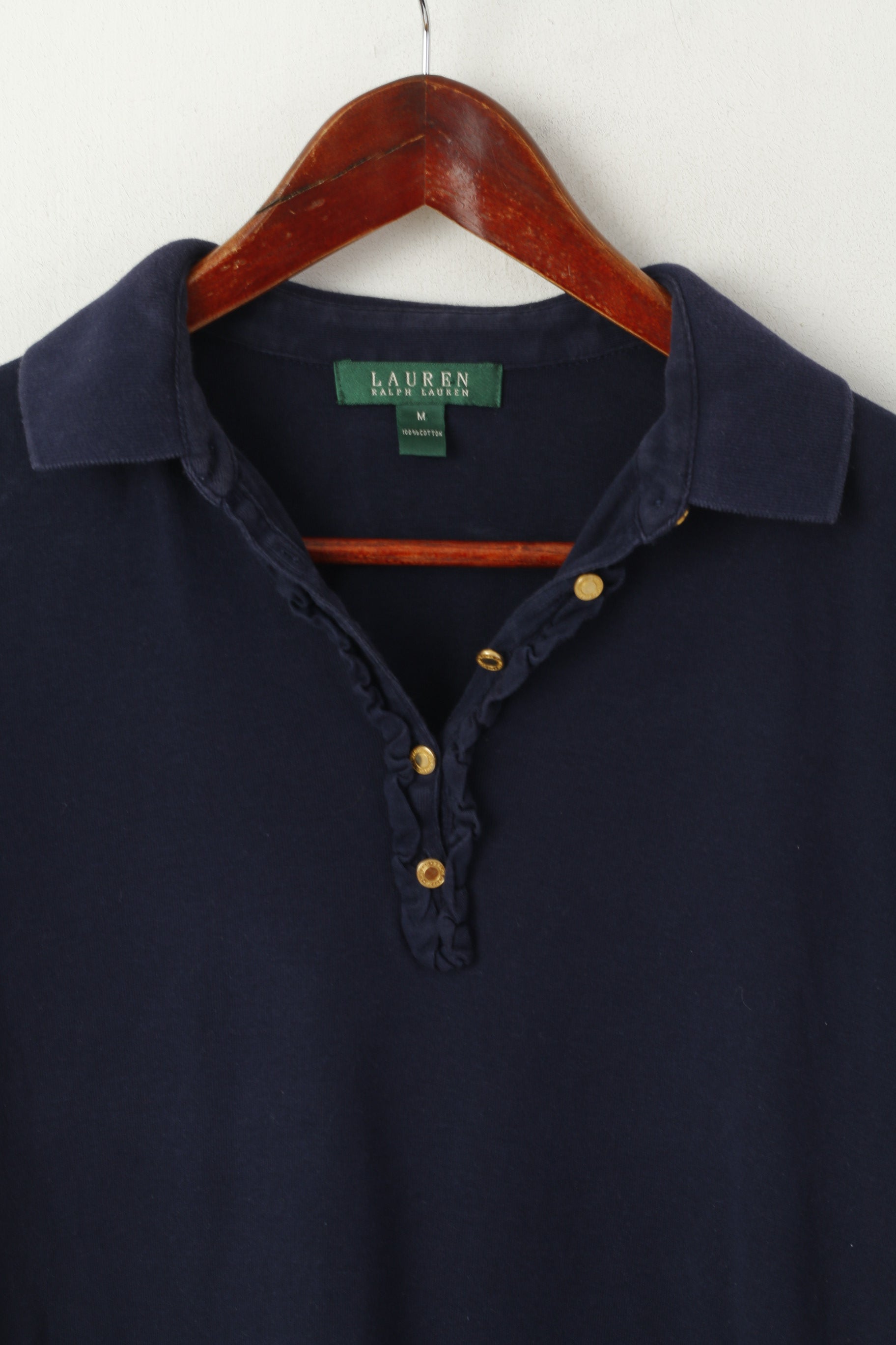 Lauren Ralph Lauren Women M Polo Shirt Navy Cotton Stretch Short Sleeve Plain Top