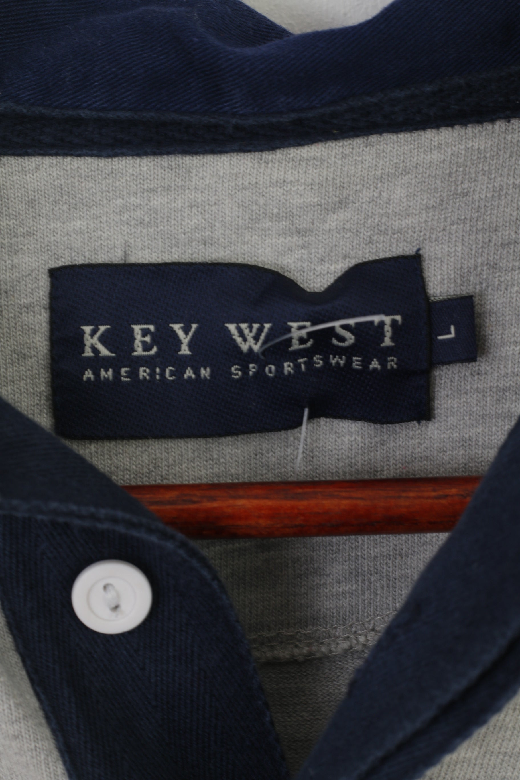 Key West American Sportswear Men L Polo Shirt Gray Striped Cotton Classic Long Sleeve Top