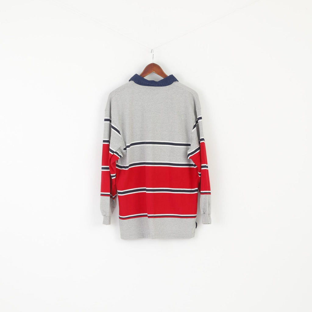 Key West American Sportswear Hommes L Polo Gris Rayé Coton Classique Haut À Manches Longues