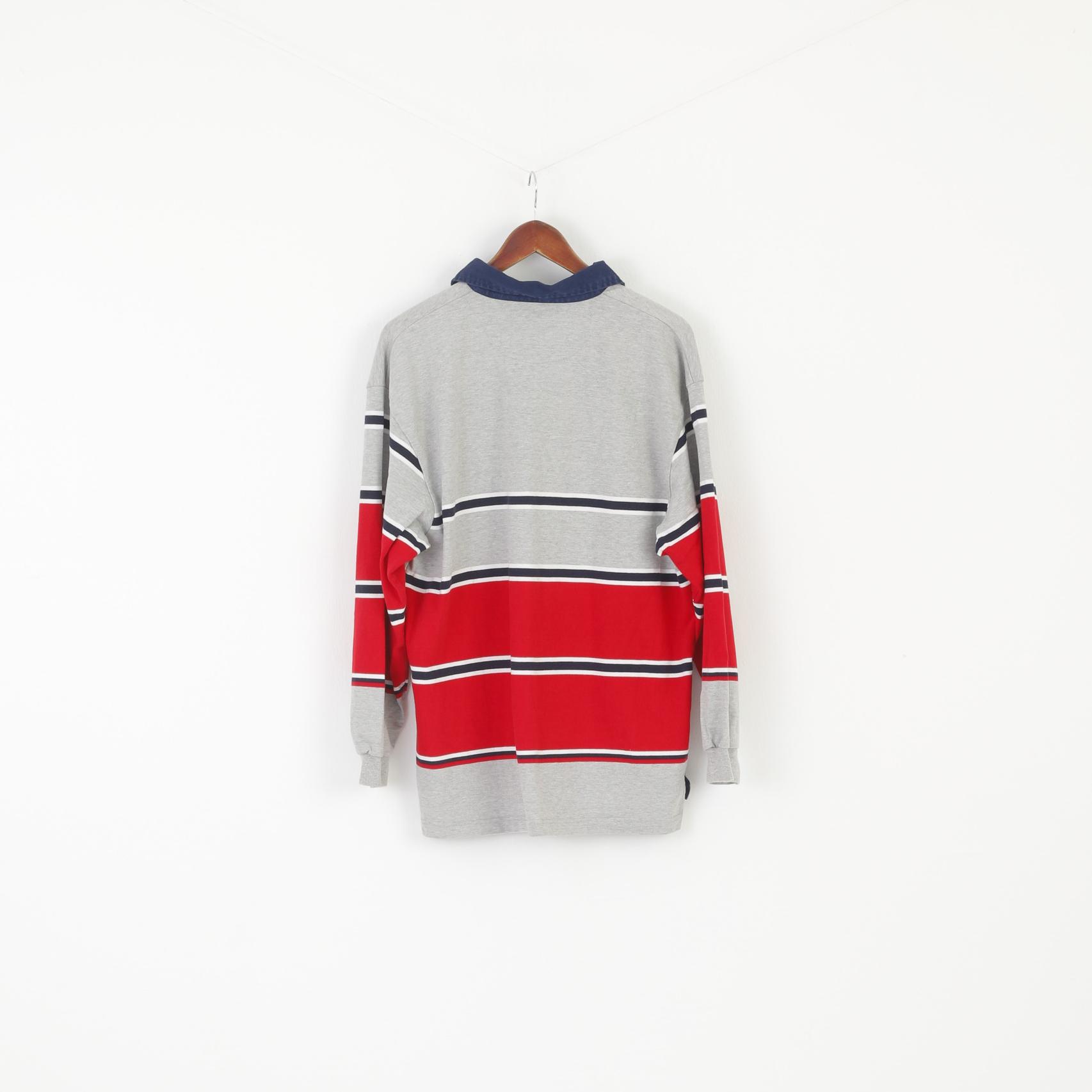 Key West American Sportswear Hommes L Polo Gris Rayé Coton Classique Haut À Manches Longues
