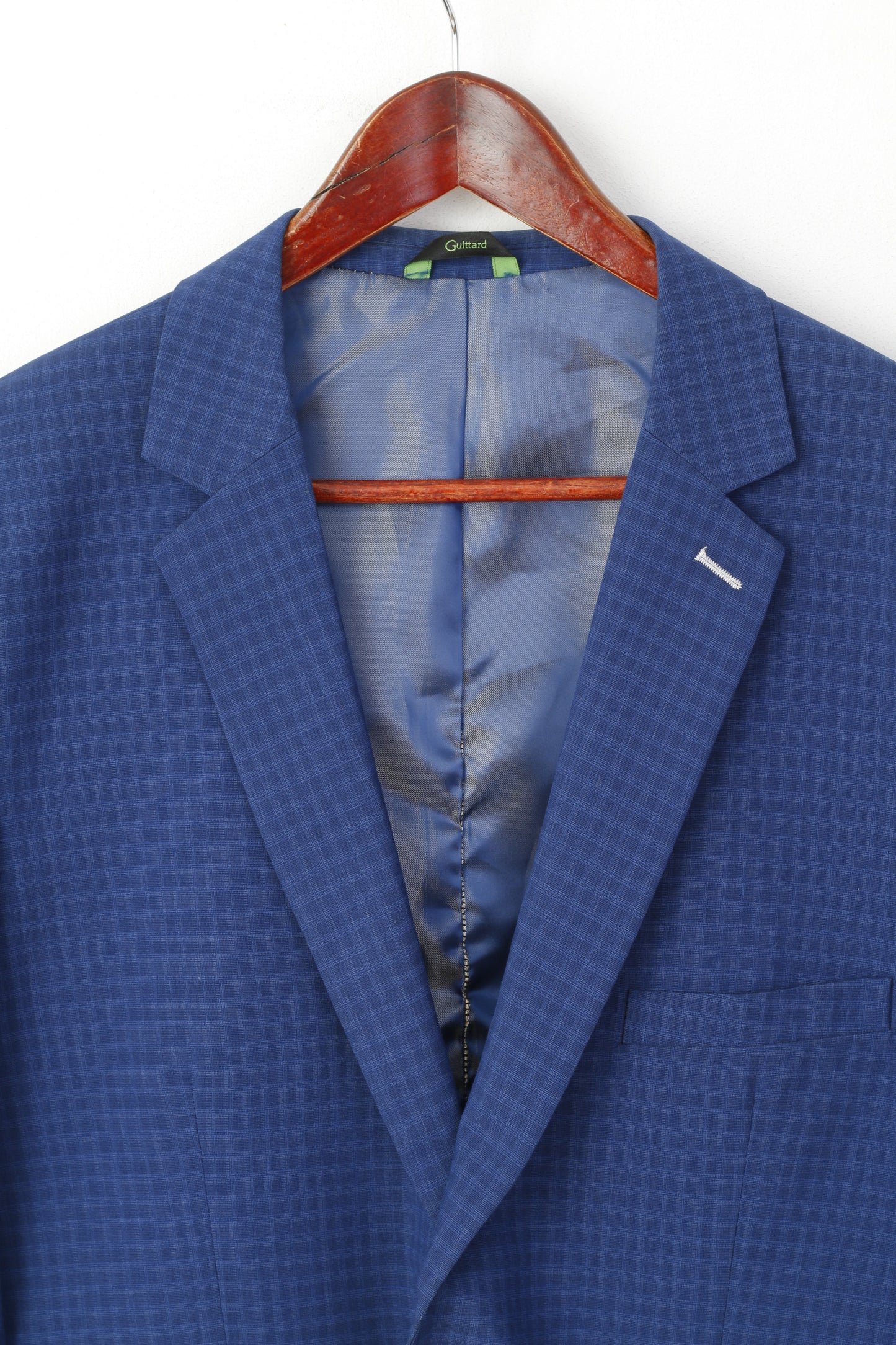 Guittard Men 54S S Blazer Slim Blue Check Wool Blend Single Breasted Jacket