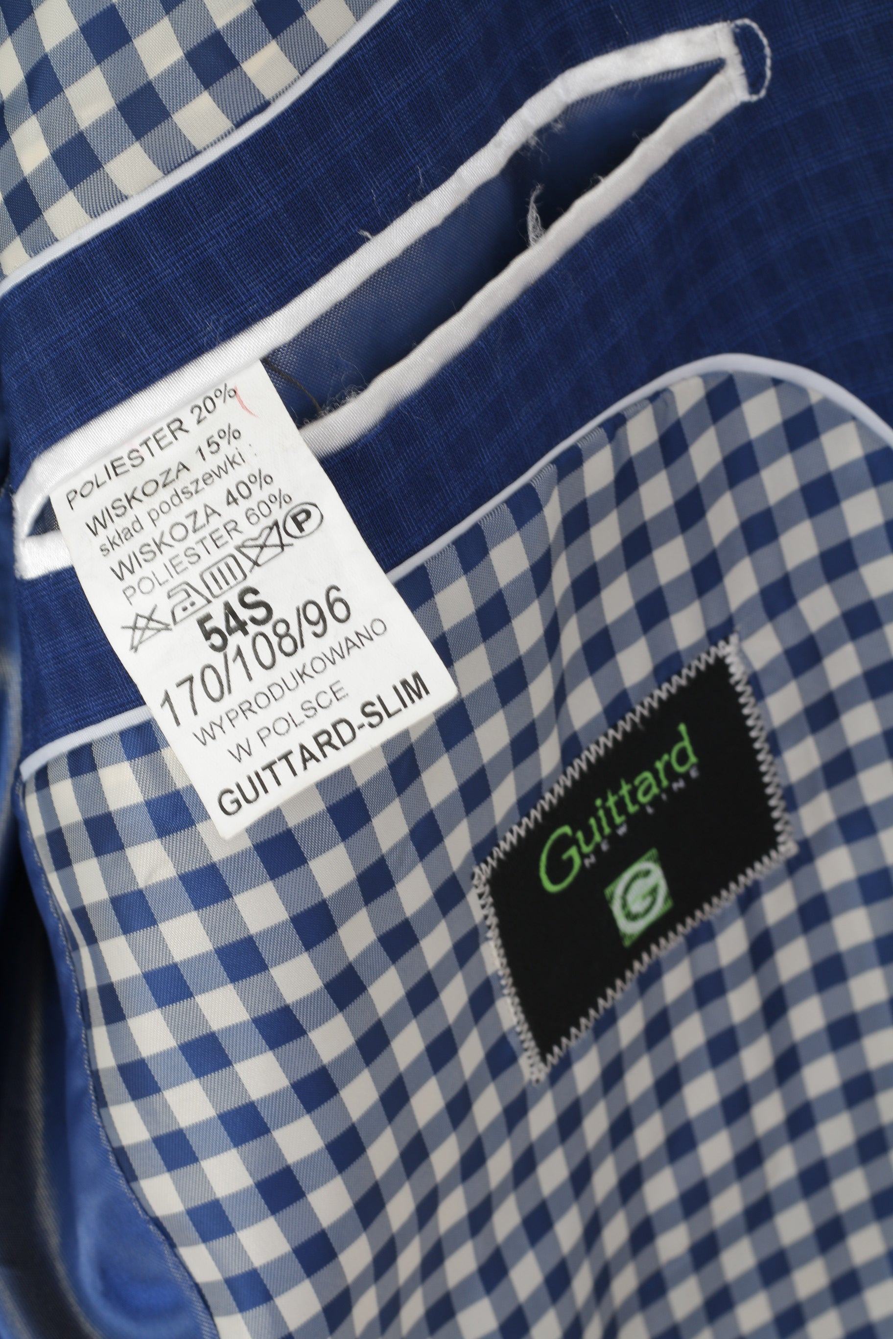 Guittard Men 54S S Blazer Slim Blue Check Wool Blend Single Breasted Jacket