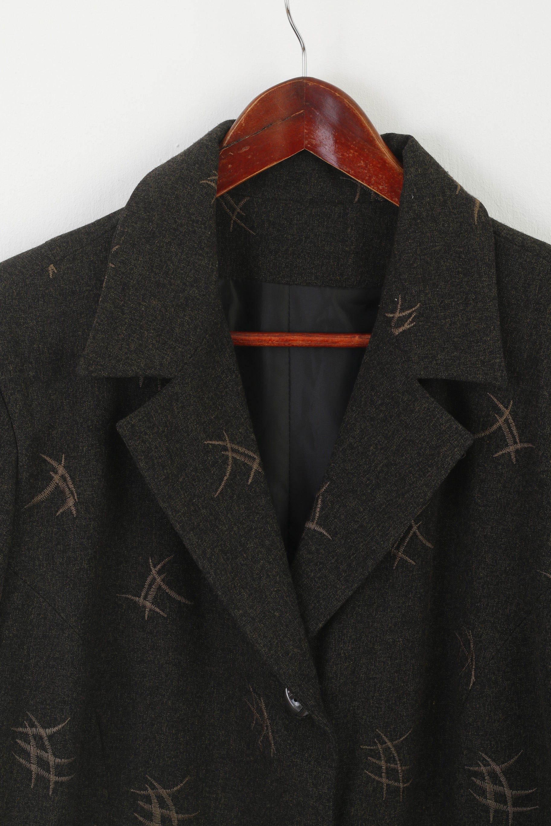 Vintage Women XL Blazer Black Green Emroidered Cotton Shoulder Pads Jacket