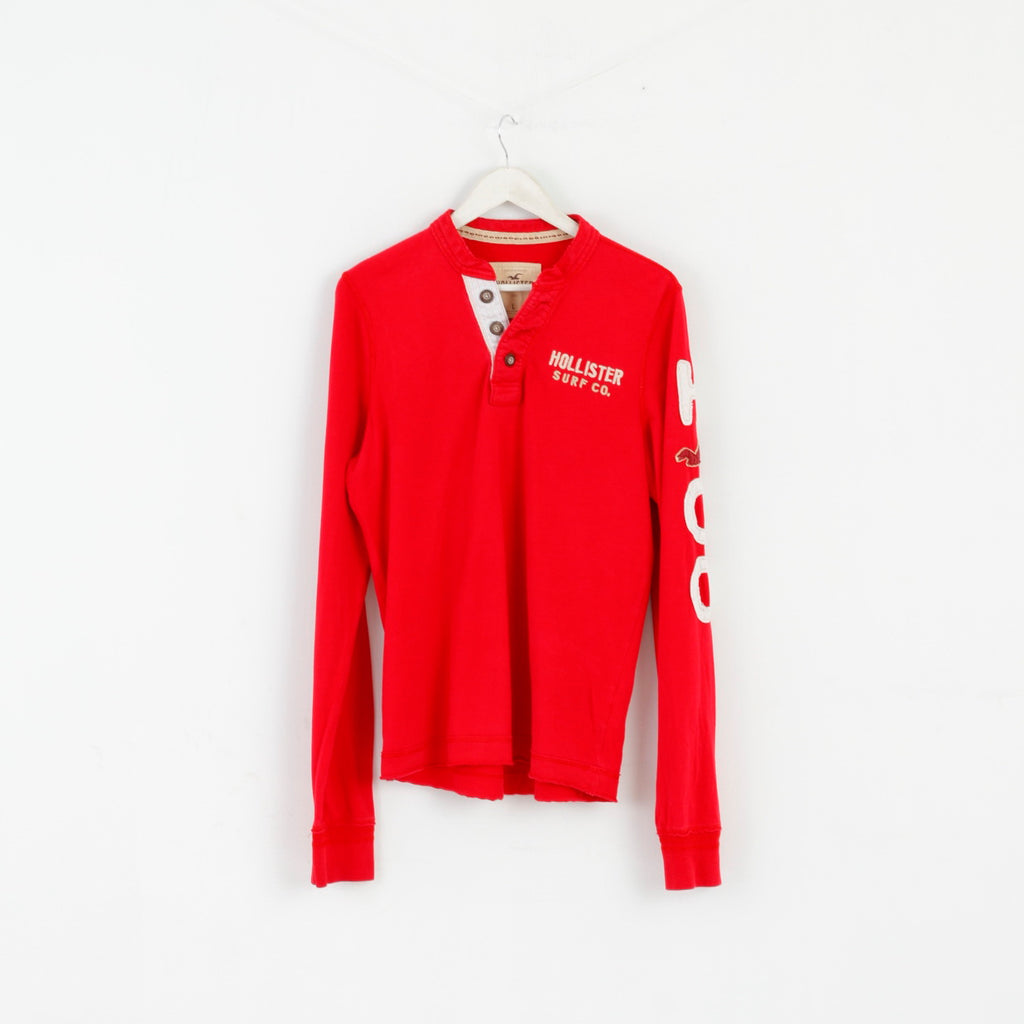 Hollister Men L Long Sleeved Shirt Red Cotton Emroidered Sleeve Casual Top