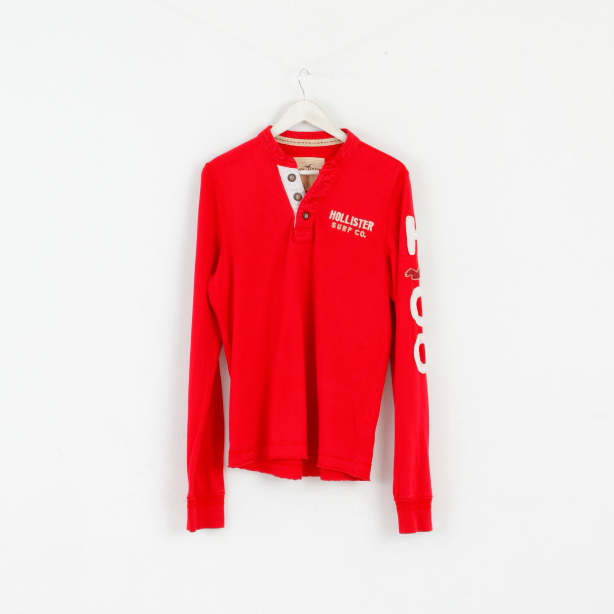 Hollister Camicia a maniche lunghe da uomo L. Top casual con maniche ricamate in cotone rosso