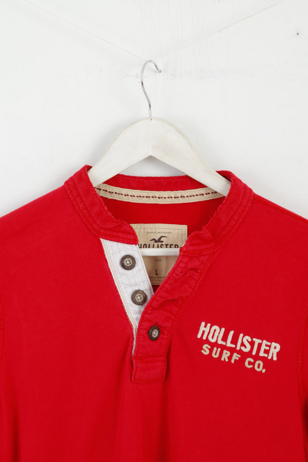 Hollister Men L Long Sleeved Shirt Red Cotton Emroidered Sleeve Casual Top
