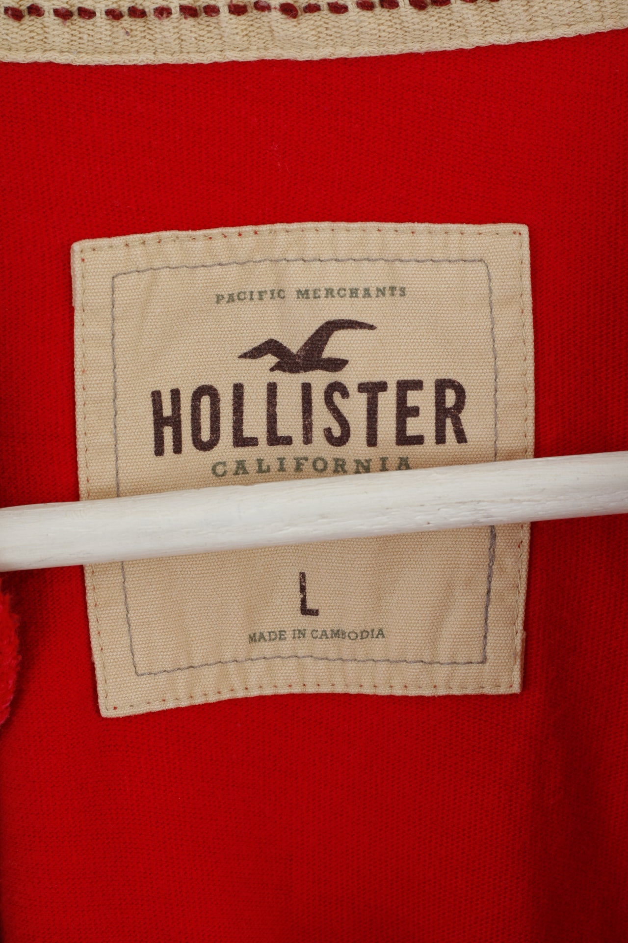 Hollister Men L Long Sleeved Shirt Red Cotton Emroidered Sleeve Casual Top