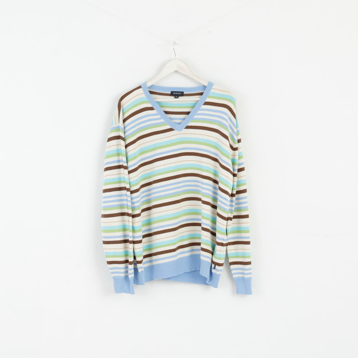 GANT Men XXL Jumper Beige Blue Striped Cotton V Neck Classic Light Sweater