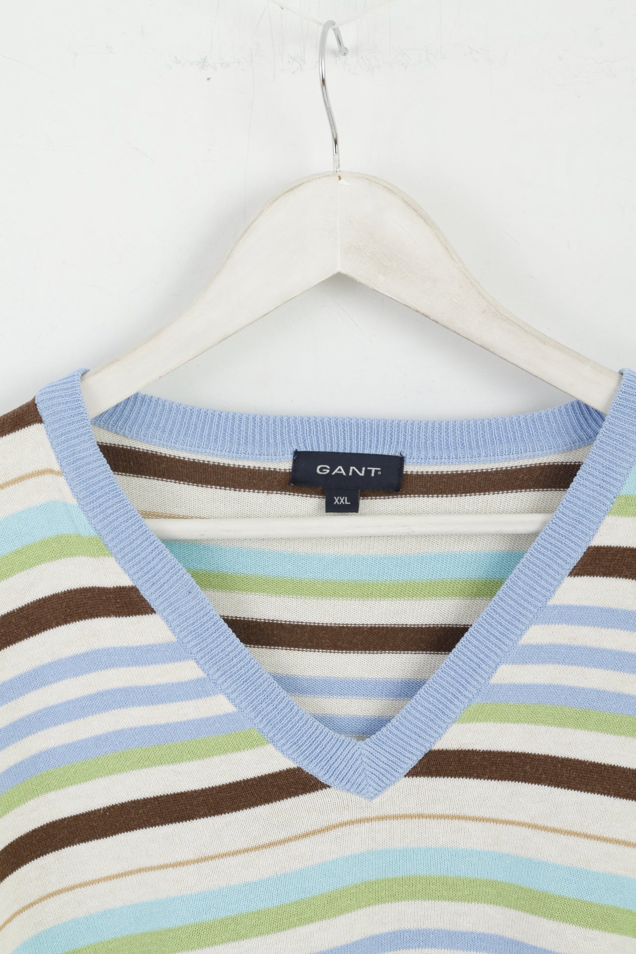 GANT Men XXL Jumper Beige Blue Striped Cotton V Neck Classic Light Sweater