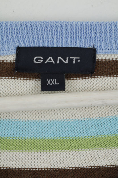 GANT Men XXL Jumper Beige Blue Striped Cotton V Neck Classic Light Sweater