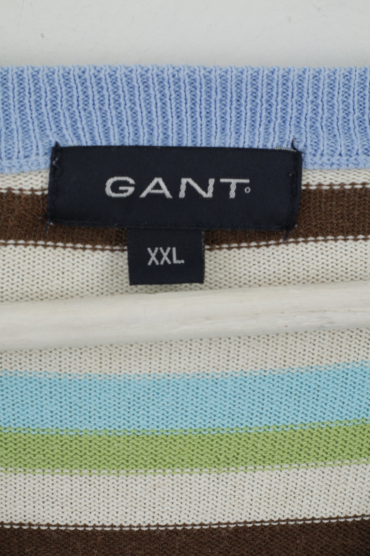 GANT Men XXL Jumper Beige Blue Striped Cotton V Neck Classic Light Sweater
