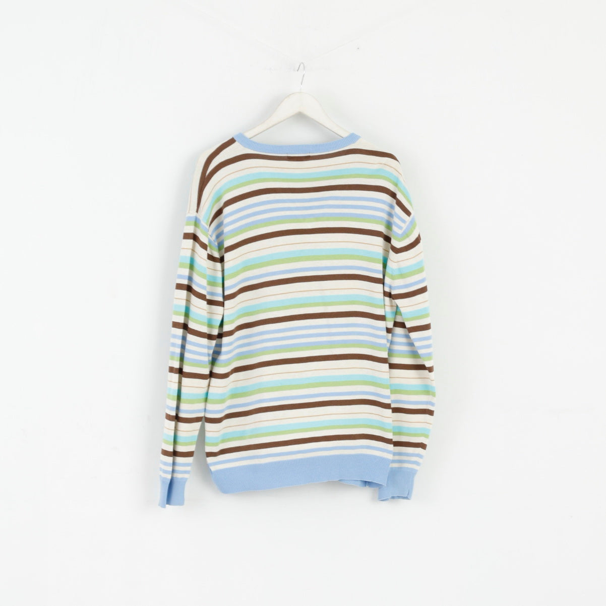 GANT Men XXL Jumper Beige Blue Striped Cotton V Neck Classic Light Sweater