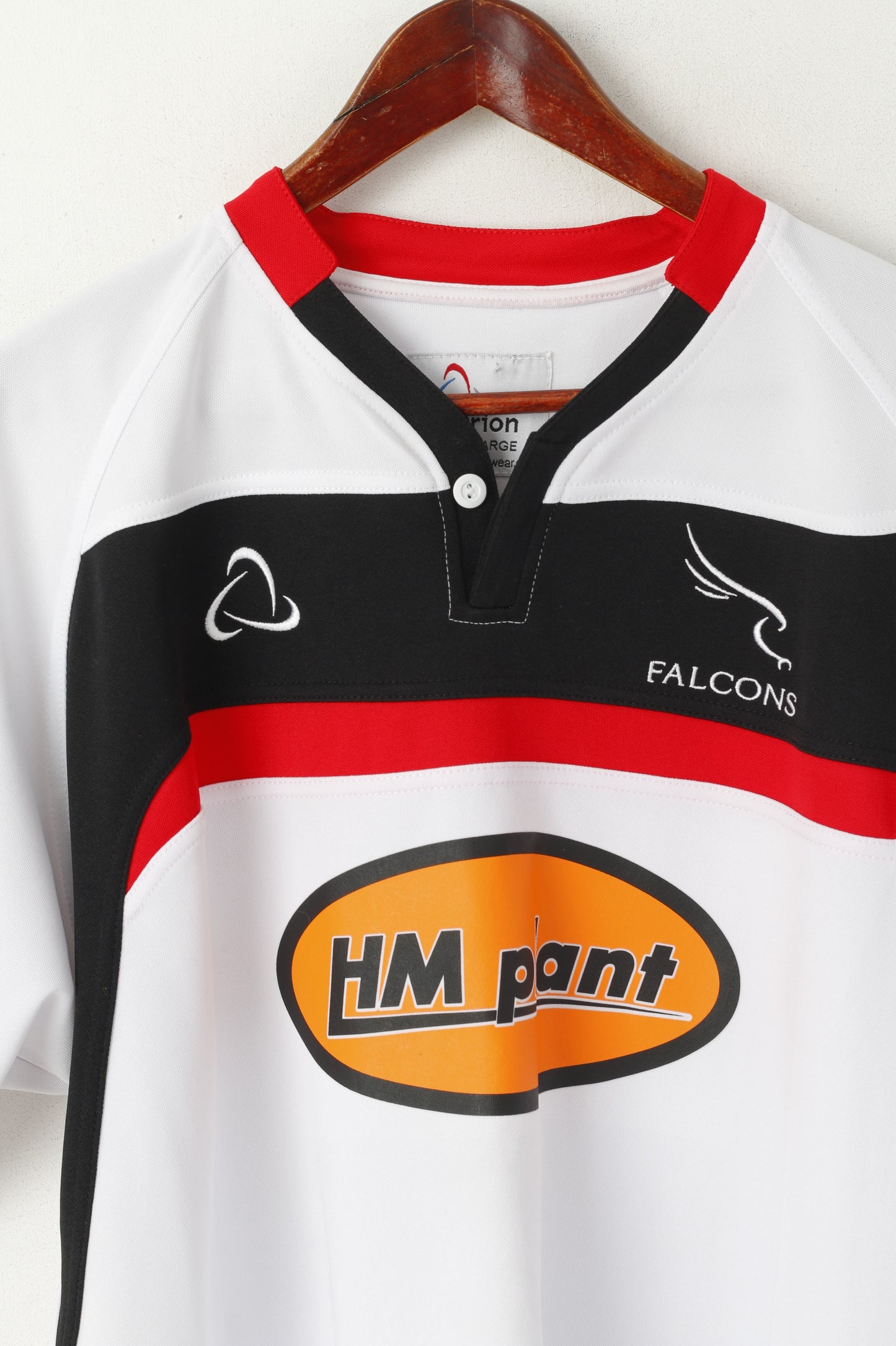 Orion Falcons Hommes L Chemise Blanc Rugby Vintage Sportswear Jersey Col V Haut