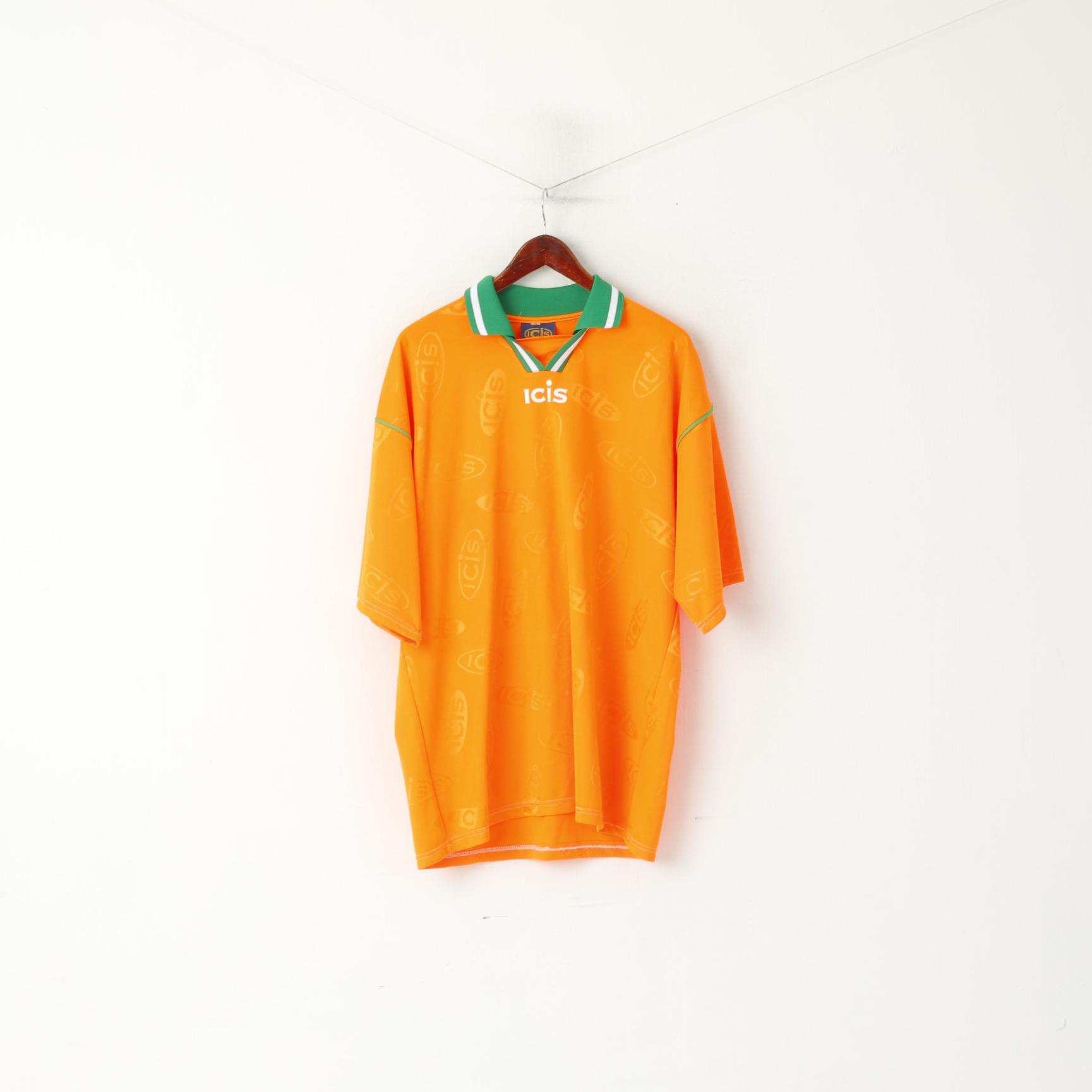 ICIS Men XL Polo Shirt Orange Neon Vintage Football Activewear Jersey Top