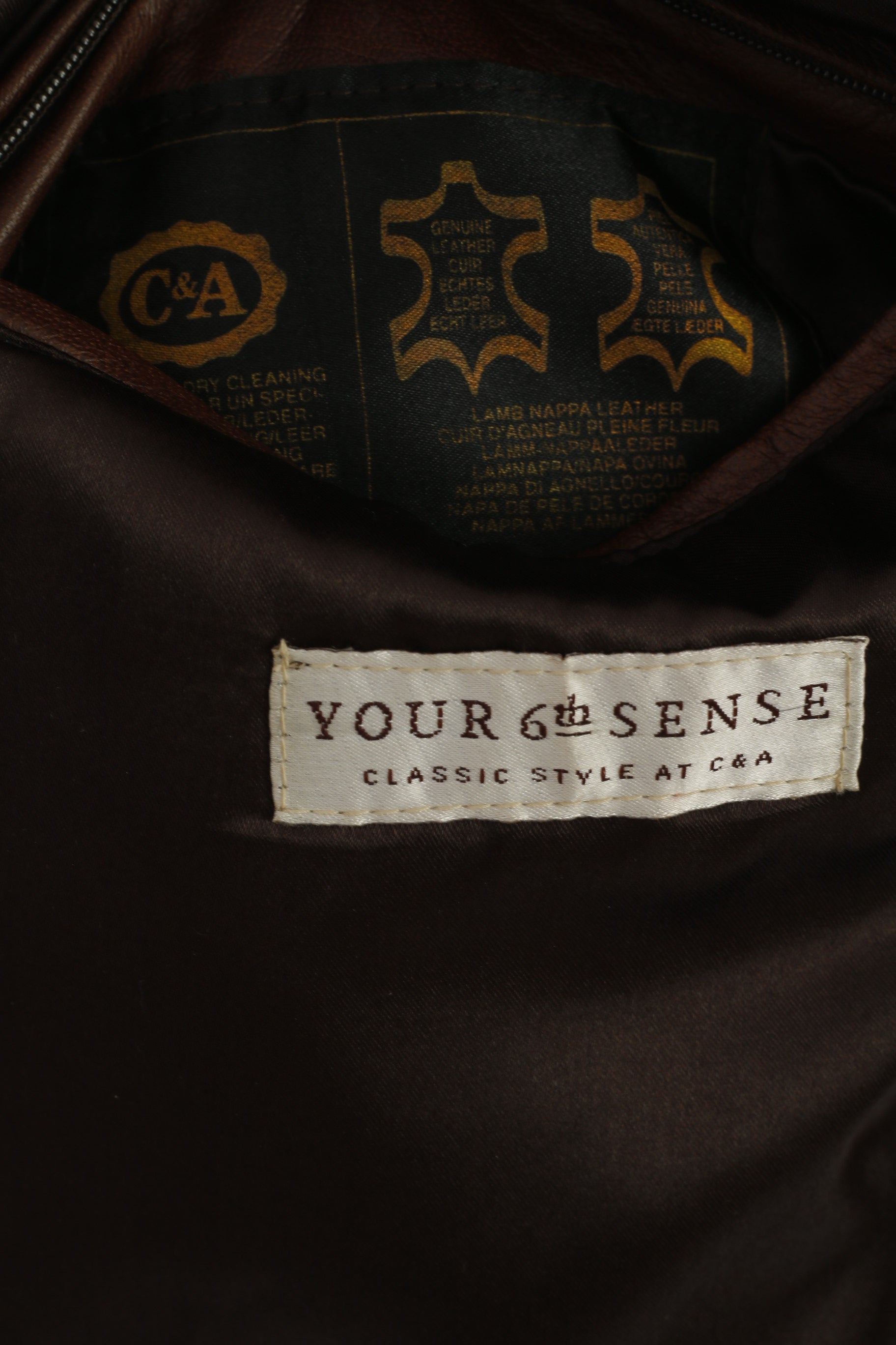 C&A Your 6th Sense Women 14 40 Jacket Brown Leather Full Zipper Vintage Retro Top
