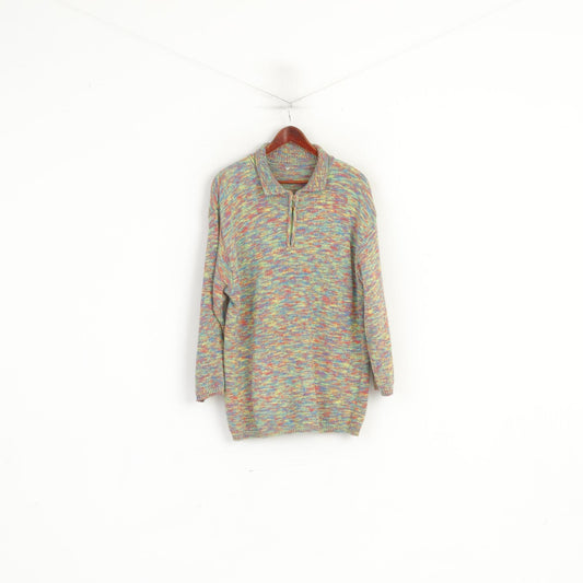 Maglione vintage da donna XL con spalline in cotone multicolore con zip e collo