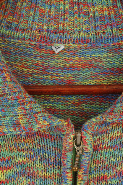 Vintage Women XL Jumper Multicolour Cotton Zip Neck Shoulder Pads Sweater