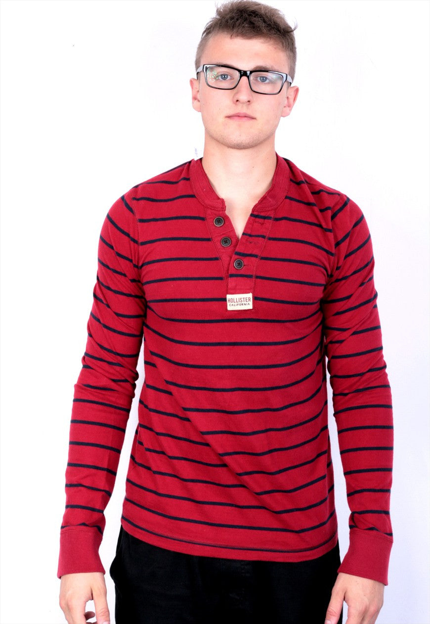 Hollister Mens M T-Shirt Long Sleeve Red Cotton Striped - RetrospectClothes