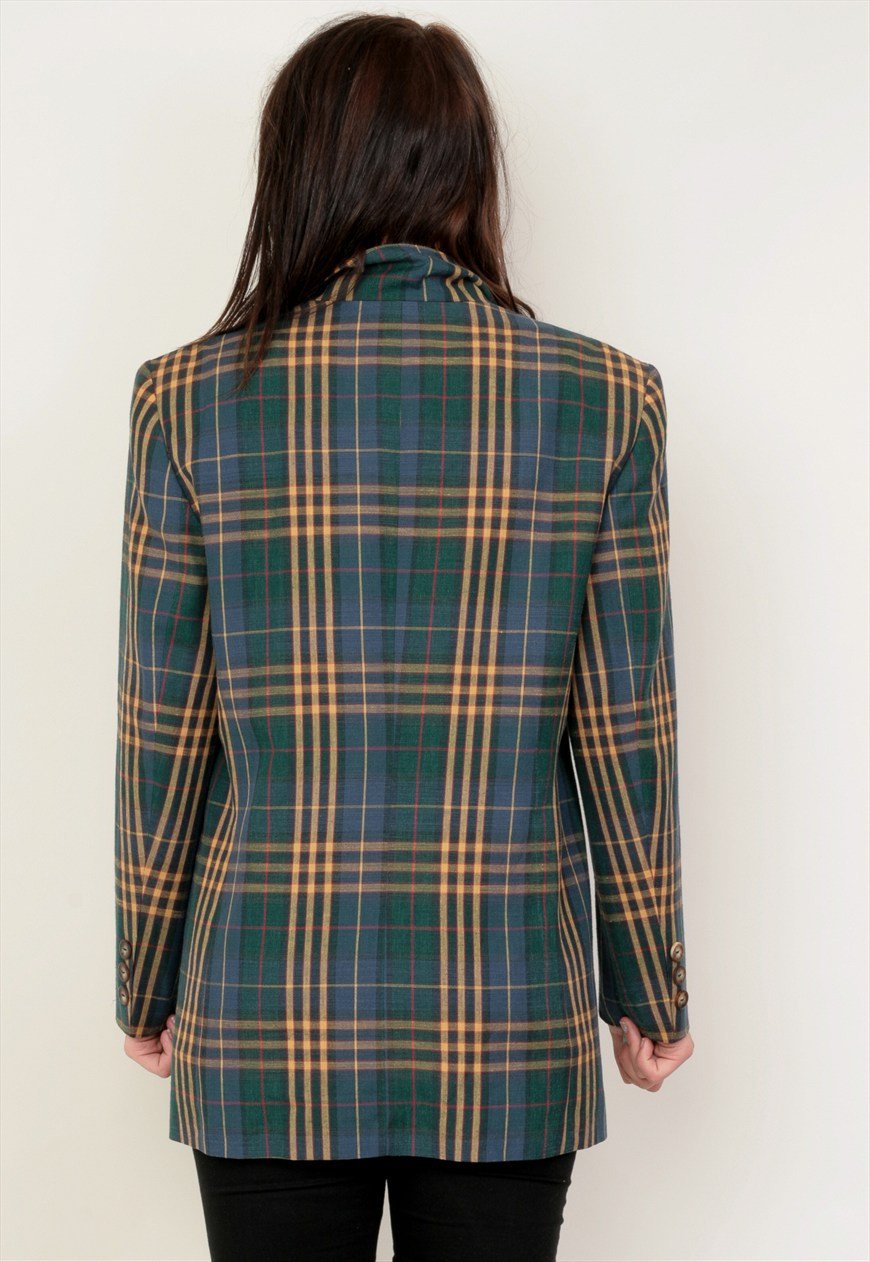 Gerry Weber Giacca da donna 40 M Blazer verde in lino scozzese vintage anni '90