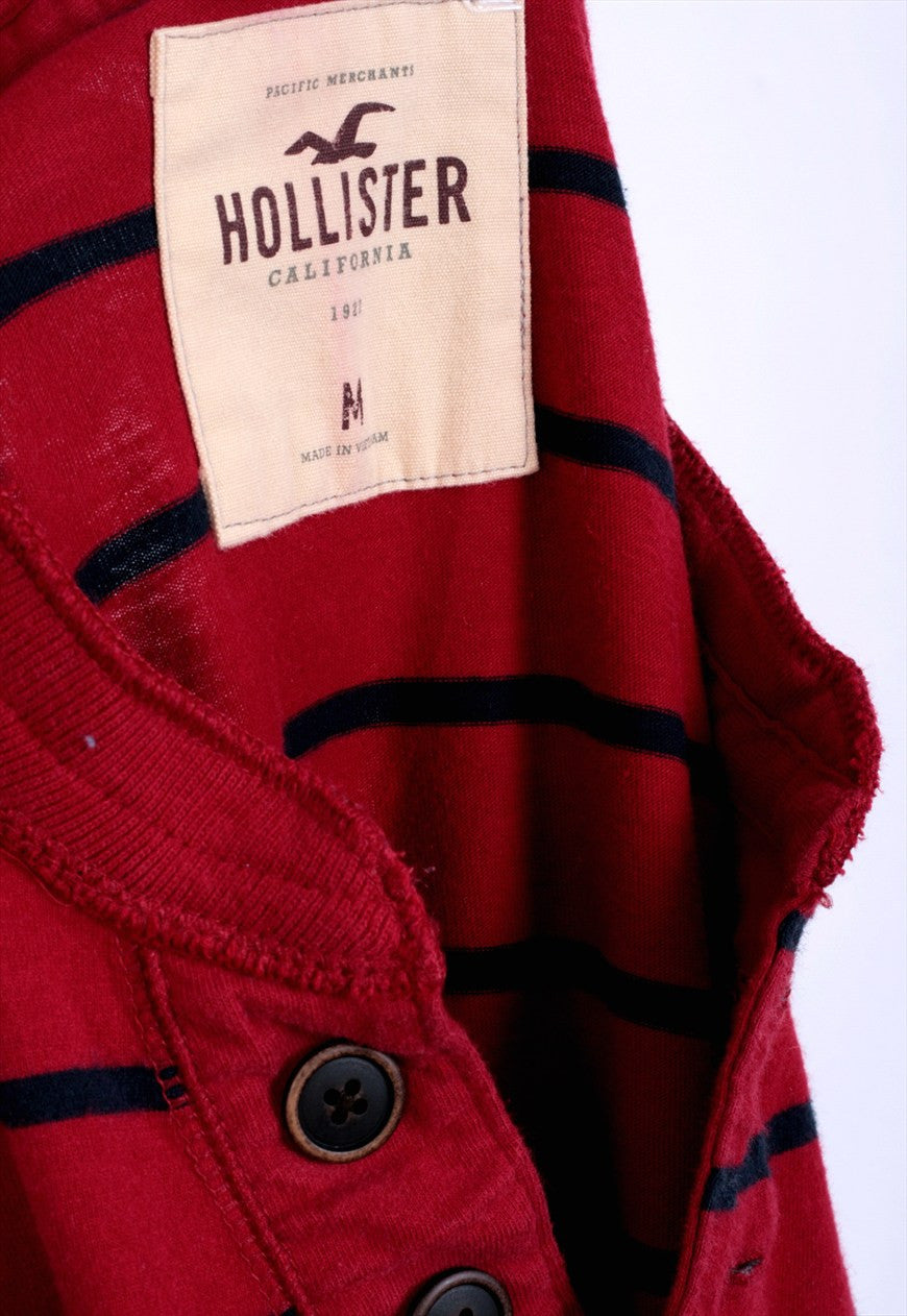 Hollister Men's Red White Striped Long Sleeve Henley Shirt Size M