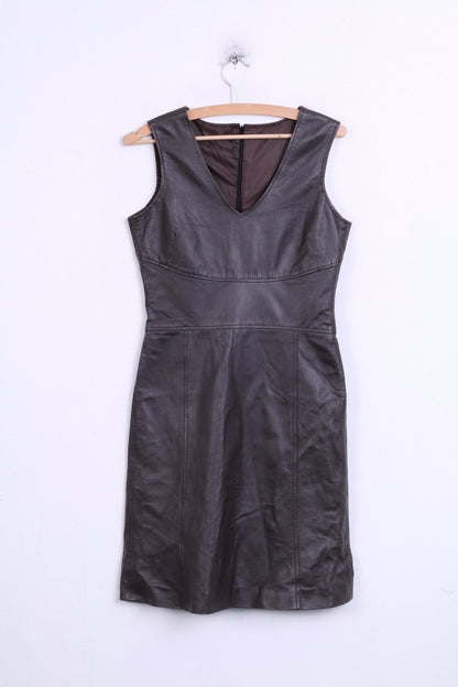 Robe en cuir femme S/M marron col en V ligne a longueur genou Vintage doux rétro