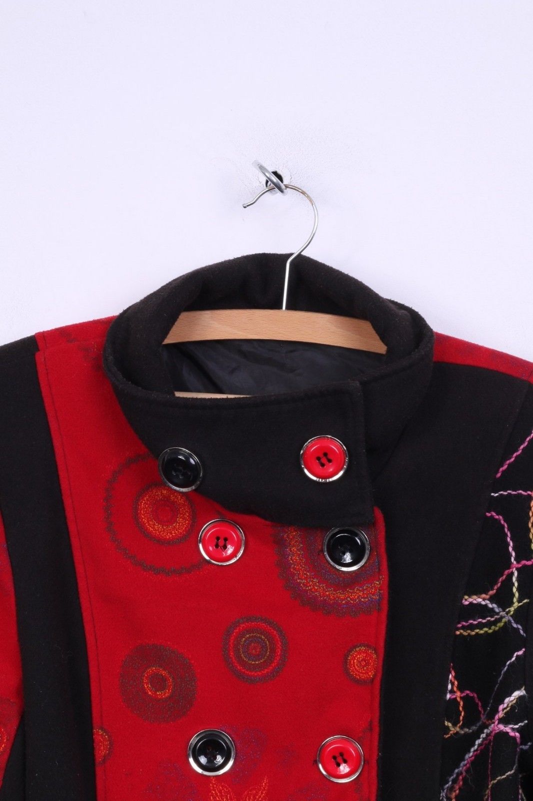 Women's S Coat Black Red Embroidered Big Buttons Fitted Spring Top