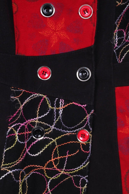 Cappotto da donna S Nero Rosso ricamato con grandi bottoni aderente primaverile