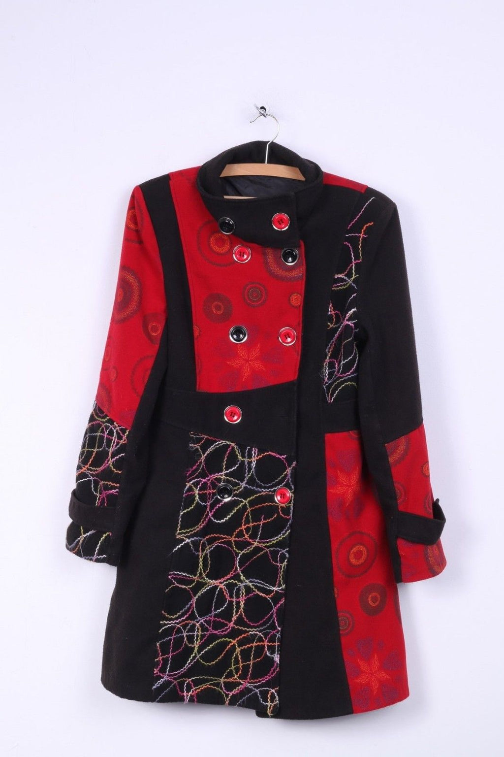 Women's S Coat Black Red Embroidered Big Buttons Fitted Spring Top