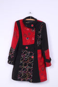 Women's S Coat Black Red Embroidered Big Buttons Fitted Spring Top